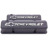SMALL BLOCK CHEV DIE-CAST ALUMINIUM SLANT EDGE VALVE COVERS BLACK CRINKLE SUIT SB CHEV WITH RAISED CHEVROLET LOGO & BOWTIE EMBLEM